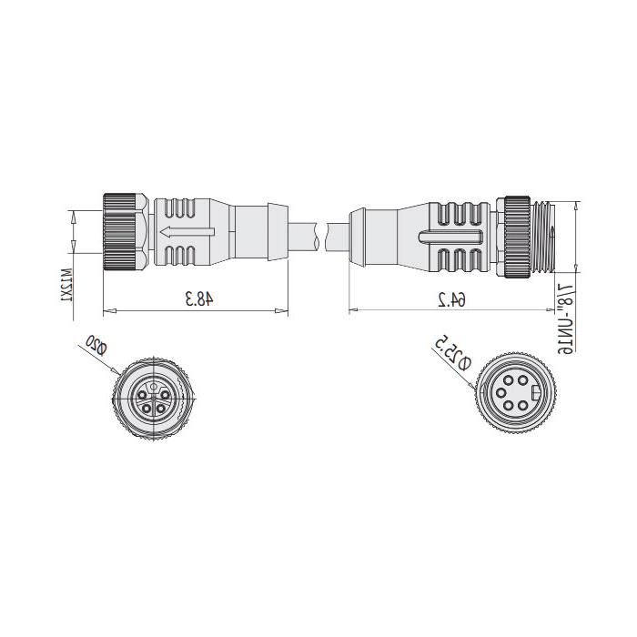 M12 5Pin female straight L-coded 7/8"5Pin male straight A-coded, double-ended pre-cast PVC non-flexible cable, yellow sheathing, 64L783-XXX